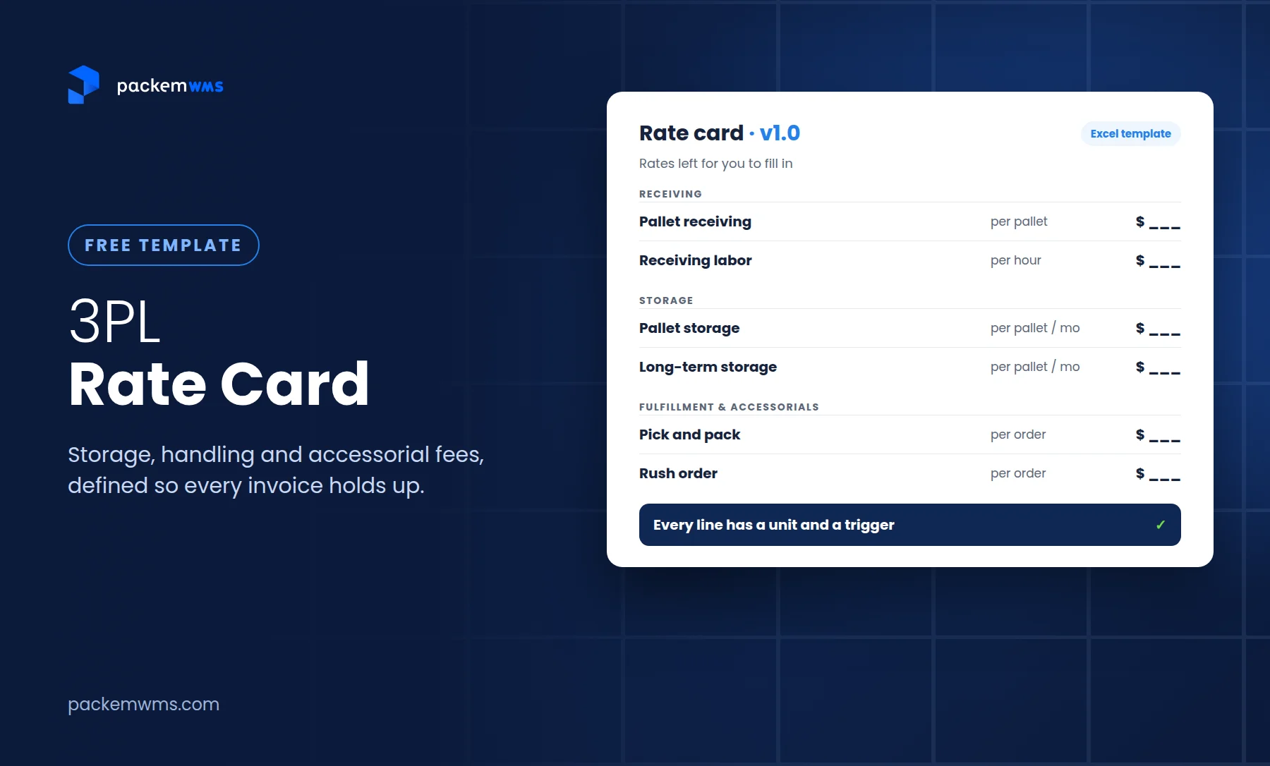 Free 3PL rate card template with receiving, storage, pick and pack and accessorial fee lines
