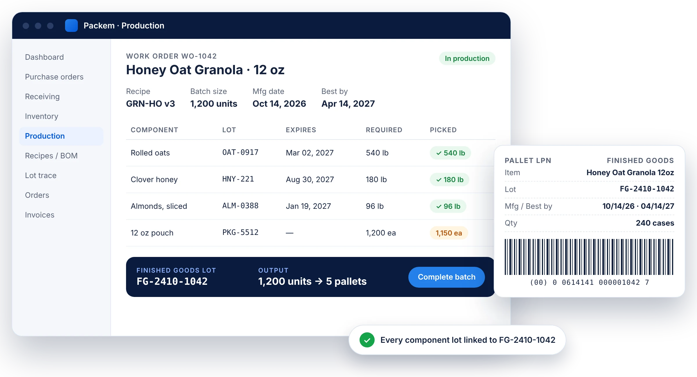 Packem food manufacturing work order showing recipe components with lot numbers and expiration dates, a finished goods lot, and a pallet LPN label
