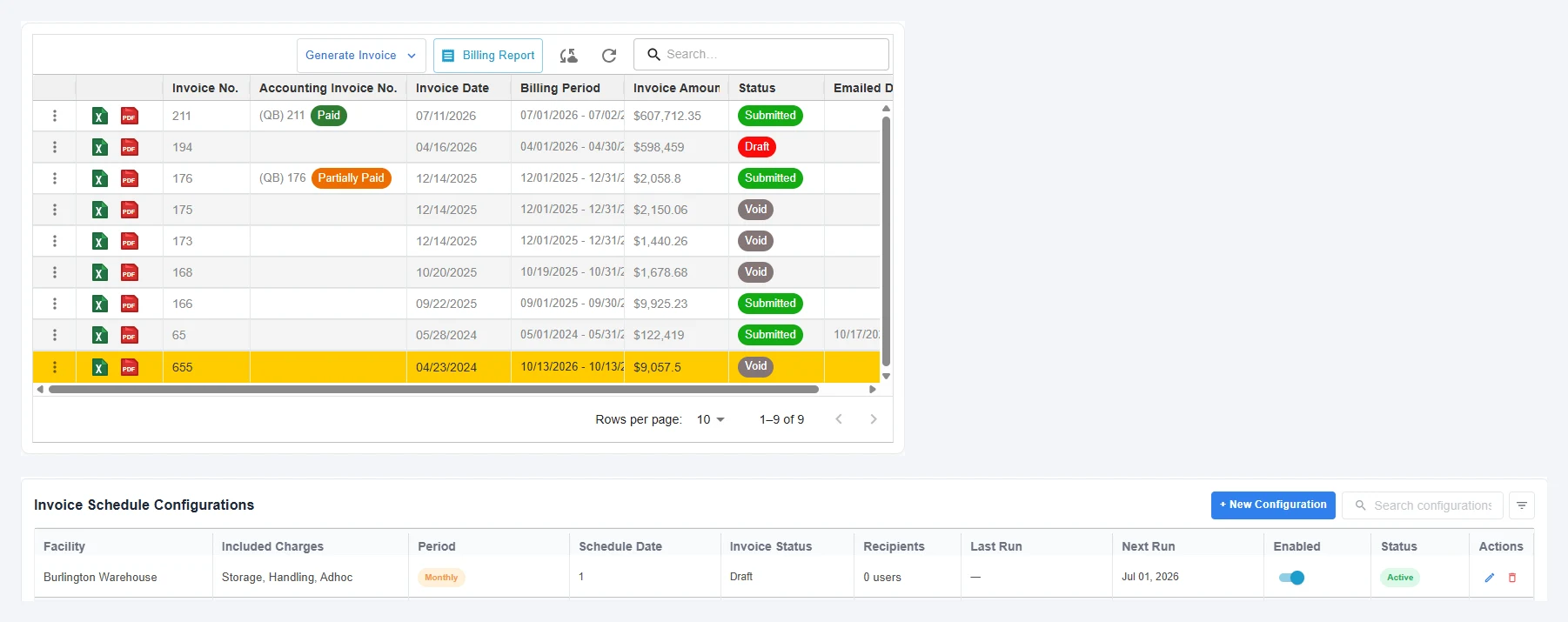 Packem 3PL invoicing screen: client invoices with billing periods, amounts, status and QuickBooks payment status, plus a monthly invoice schedule covering storage, handling and ad hoc charges
